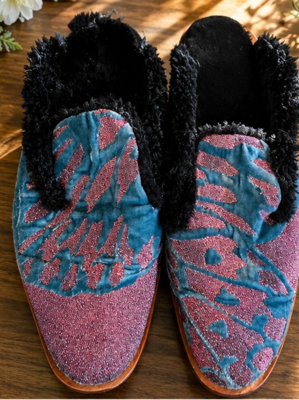 Free People Butterfly Effect Velvet Brocade Faux Fur Mule Loafers EU 38 Boho